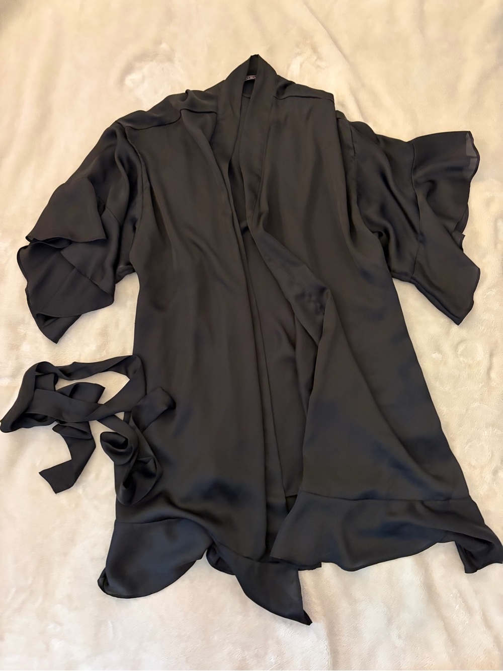 Victoria's Secret Black Satin Kimono Robe with Ruffle Sleeves
